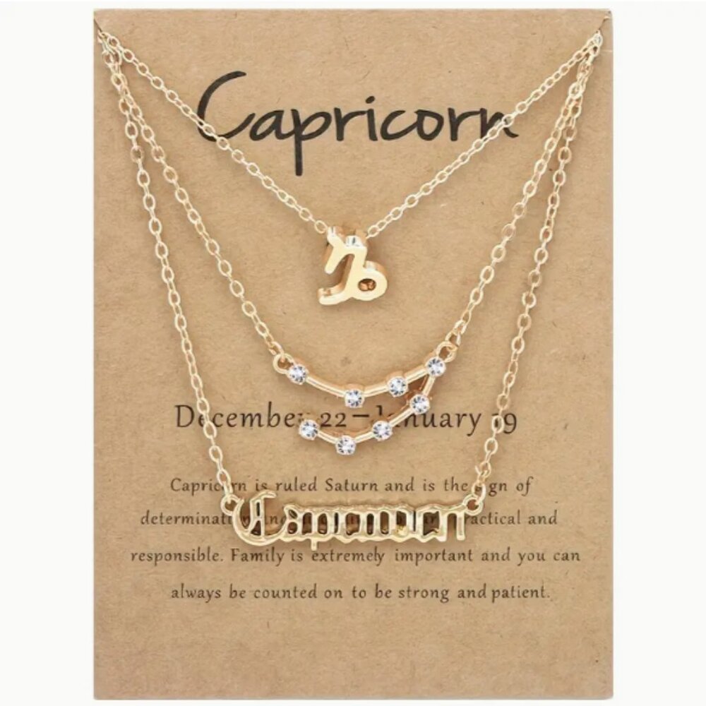🍏50% OFF/3+.♑ 3 pc zodiac Capricorn link chain layered necklace set (Gold tone)